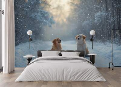 cute two dogs sitting on the ground in a snow covered forest Wall mural