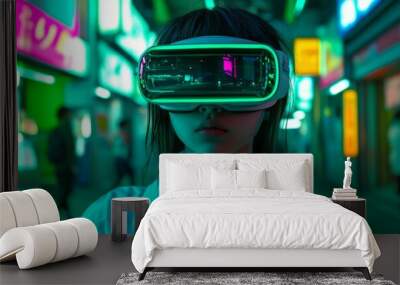 portrait of asian girl wearing VR glasses on futuristic street background in green neon colors Wall mural