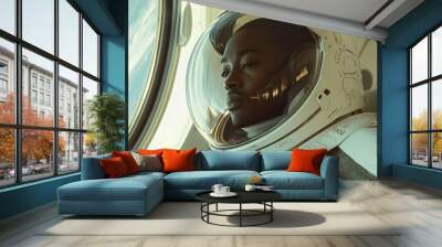 portrait of astronaut black man in space suit, inside the interior of futuristic white spaceship with large windows   Wall mural