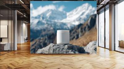 white cosmetic cream bottle mockup with snow-capped mountains in the background Wall mural