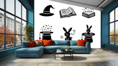 Bold Black Magic Icons Set with Sorcerer Hat and Book Wall mural