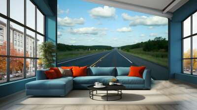 Scenic straight asphalt road running alongside majestic and verdant meadows, set against a backdrop of expansive sky clouds Wall mural