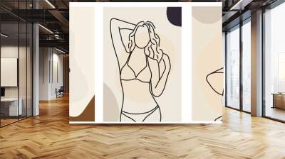 Collection of modern line sketch women portraits with geometric shapes on colored background Wall mural