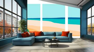 Collection of modern minimalistic simple abstract landscapes: sandy beach, sea, monstera leaves and sun on the horizon Wall mural