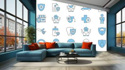 Insurance and assurance icon set. health insurance, travel, renters, life insurance. Two tone icon style design. Simple vector design editable Wall mural