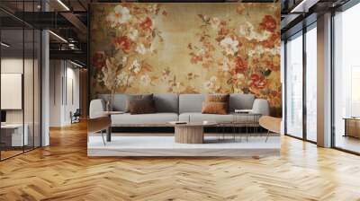 A living room with a floral wallpaper featuring red and white flowers on a yellow background, a gray couch, two brown armchairs, a coffee table, and wooden floors. Wall mural