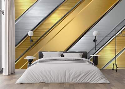 Abstract diagonal lines of gold and silver metal with brushed texture. Wall mural