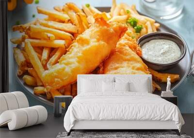 Delicious Crispy Fish and Chips with Tartar Sauce Wall mural