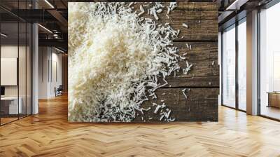 Freshly Grated Coconut Flakes on Wooden Background Wall mural