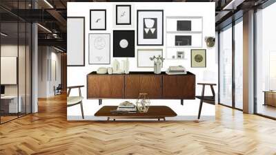 Modern living room interior design with a wooden cabinet, two chairs, a coffee table, and a gallery wall. Wall mural