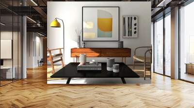 Modern living room with mid-century furniture, a black coffee table, and abstract art on the wall. Wall mural