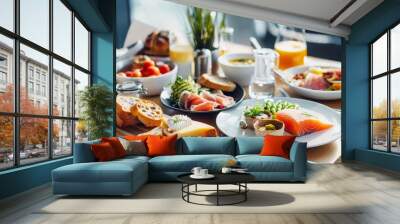 Table full of various fresh food in luxury modern restaurant. Delicious breakfast. generative ai Wall mural