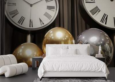 Two clocks with Roman numerals and gold and silver balloons. Wall mural