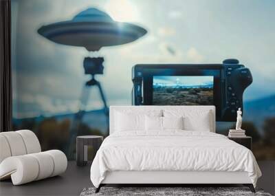 UFO alien and viewfinder on a camera to record a flying saucer in the sky over area 51 generative ai Wall mural