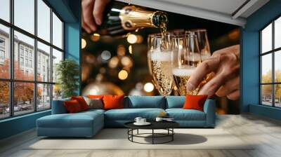 a men's hand holding a bottle of champagne, he's pouring the champagne in glasses, gold and festive aesthetics. Wall mural