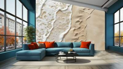 Waves ornament on neutral beige beach sand texture, aesthetic minimalist summer vacation background. Wall mural