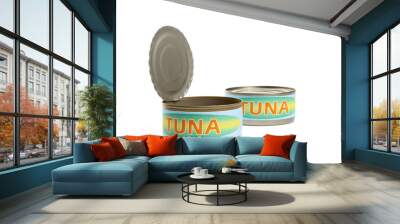 An opened empty can, with a closed can in the background, with fake, generic Tuna labels, isolated on white Wall mural