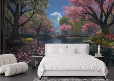 A beautiful scene of a river with pink flowers and trees Wall mural