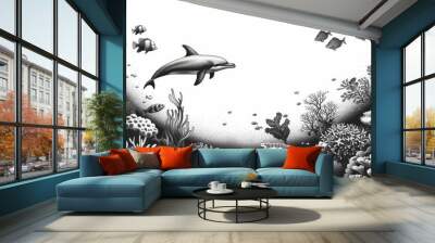 A black and white drawing of a dolphin swimming in the ocean with fish swimming around it Wall mural