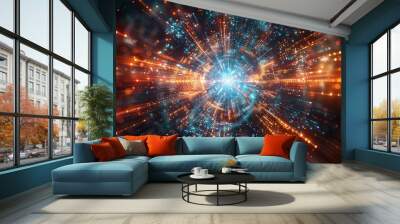 A bright orange and blue light is projected onto a wall. The light is surrounded by a blurry, colorful pattern of dots. Concept of energy and excitement Wall mural