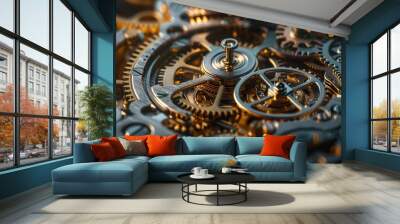 A close up of a clock with many gears and a small gear in the center Wall mural