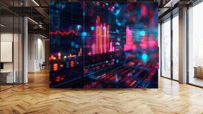 A computer screen with a lot of red and blue lines and numbers. The image is of a stock market graph Wall mural