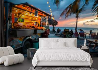 A food truck offers delicious eats against the backdrop of a stunning beach sunset, creating a perfect casual dining atmosphere. Wall mural