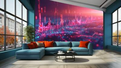 A glowing pink and blue landscape with a bright light in the distance. Wall mural