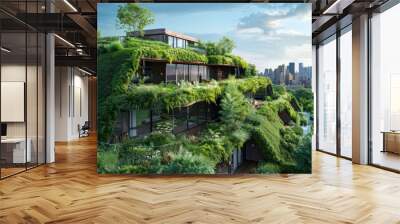 A green building with a lot of plants on it. The building is very tall and has a lot of windows Wall mural