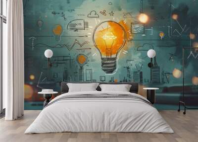 a light bulb on a blue background with a bunch of drawings around it. Wall mural