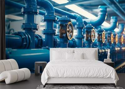 A long row of blue pipes with valves on them. The pipes are connected to a large building Wall mural