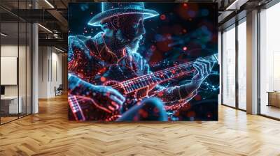 A man in a hat is playing a guitar. The image is in a digital format and has a futuristic feel to it Wall mural