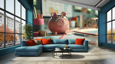 A piggy bank sits on a desk. The piggy bank is wearing glasses and there are pencils and a notebook on the desk. The background is blurry. Wall mural