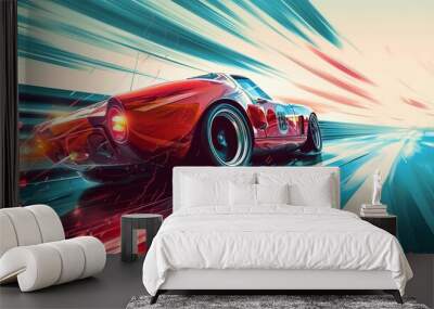 A red sports car is speeding down a road. The car is surrounded by a blue and red background, giving the impression of a race track. Concept of excitement and adrenaline Wall mural