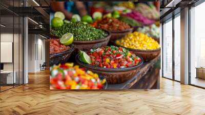 An array of fresh, colorful salsas and chopped ingredients on display at a market, inviting with its vibrant and appetizing array. Wall mural