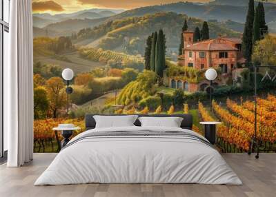 An idyllic Tuscan villa sits atop rolling hills, surrounded by the rich colors of autumn vineyards as the sun sets in the distance. Wall mural