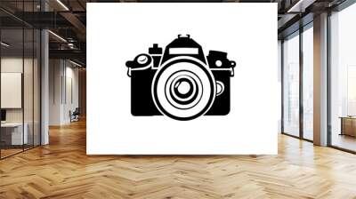 Black and white camera icon with a lens and buttons, perfect for representing photography or multimedia content in digital designs. Wall mural