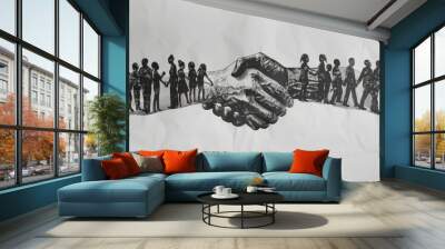 Black and white image of a handshake between two groups of people. Wall mural