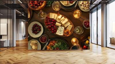 Candlelit evening setting with a rich selection of cheeses, wines, and fresh accompaniments on a wooden table. Wall mural