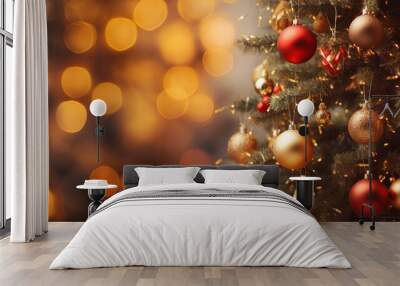 Christmas tree decorated on blurred bokeh lights background Wall mural