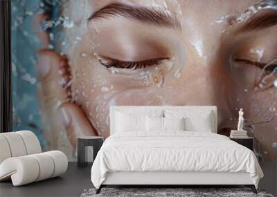 Close-up of a person with closed eyes, face submerged in water. Refreshing and calming underwater scene, skincare and relaxation concept. Wall mural