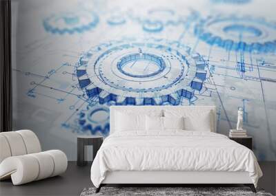 Close-up of technical gear drawings on white paper, illustrating mechanical engineering concepts and the precision of technical design. Wall mural