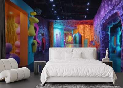 Colorful, immersive art installation featuring vibrant, abstract shapes and neon lighting in a futuristic indoor setting. Wall mural