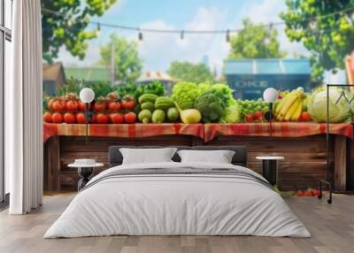 Colorful farmers market with fresh vegetables and fruits displayed on wooden stalls, under striped canopies and summer sky. Wall mural