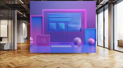 Futuristic 3D illustration of vibrant, abstract digital interface with geometric shapes, perfect for technology and web design concepts. Wall mural