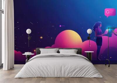 Futuristic digital communication concept with two people interacting in a vibrant, cloud-based environment using modern technology devices. Wall mural