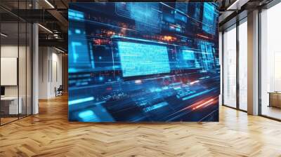 Futuristic technology interface with glowing data screens, representing digital communication, data transfer, and virtual networks. Wall mural