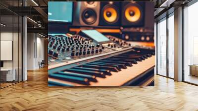 Modern music production studio with a professional audio mixing console, keyboard, and speakers, perfect for creative sound recording and mixing. Wall mural