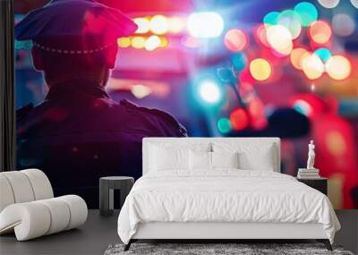 Police officer in uniform standing beside patrol cars with flashing lights at night in a city, showcasing urban law enforcement scene. Wall mural