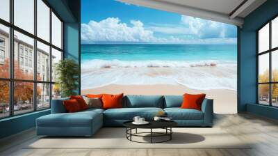 Pristine tropical beach with soft sand, gentle waves, and a beautiful blue sky. Perfect paradise destination for rest and relaxation. Wall mural